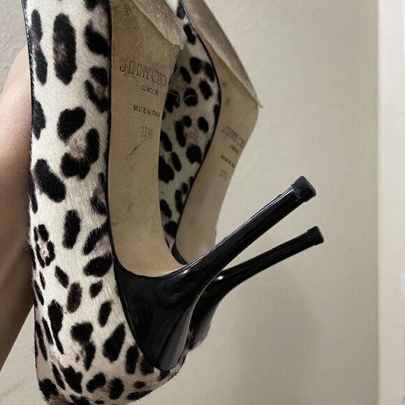 JIMMY CHOO Leopard Fur spotted Patent Point toe Pumps size 37.5 - Picture 5 of 11